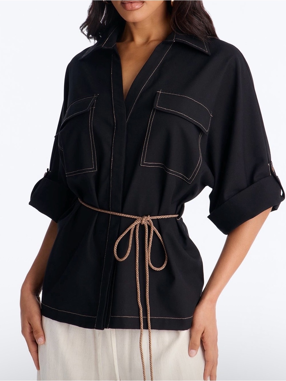 Fashion Nova Black Button-Down Utility Shirt with Tan Rope Belt
